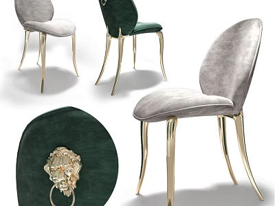 Modern Gray and Green Velvet Accent Chairs with Gold Metal Legs and Lion Head Decor 3d model