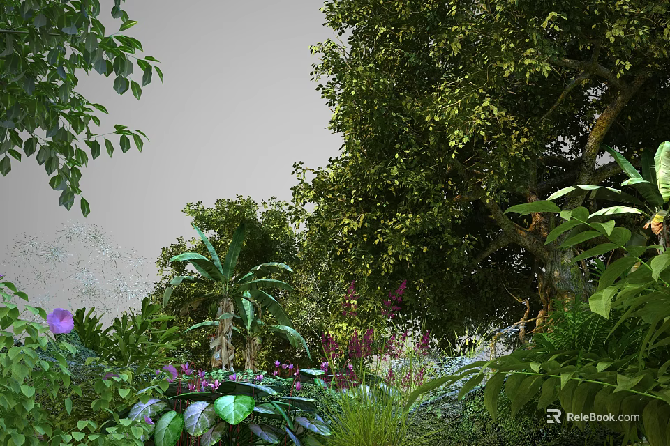 Tranquil Park Landscape With Lush Green Trees Colorful Purple Flowers And Diverse Plants 3d model 