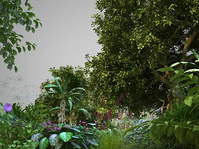 Tranquil Park Landscape With Lush Green Trees Colorful Purple Flowers And Diverse Plants 3d model