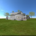 Modern Detached Villa With Large Glass Windows Balcony Trees Green Lawn And Rock Landscape