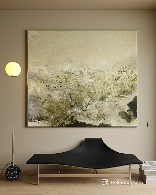 Textured Abstract Painting In Neutral Tones On Interior Wall With Floor Lamp And Black Furniture 3d model 