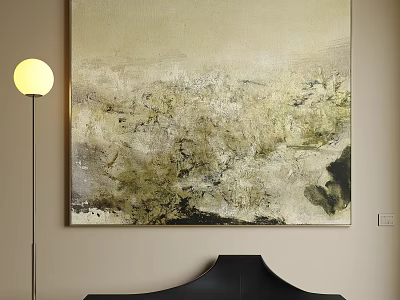 Textured Abstract Painting In Neutral Tones On Interior Wall With Floor Lamp And Black Furniture 3d model