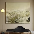 Textured Abstract Painting In Neutral Tones On Interior Wall With Floor Lamp And Black Furniture