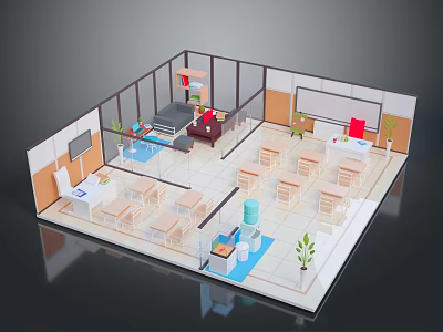 3D Model Indoor Classroom Scene With Tables Chairs Sofa Whiteboard And Plants 3d model