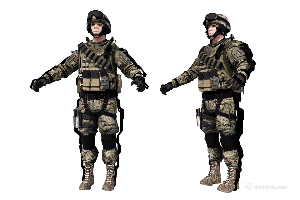 Two Game Movie Military Characters In Camouflage Uniform With Tactical Gear And Helmet Standing 3d model 
