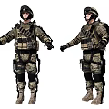 Two Game Movie Military Characters In Camouflage Uniform With Tactical Gear And Helmet Standing