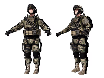 Two Game Movie Military Characters In Camouflage Uniform With Tactical Gear And Helmet Standing 3d model