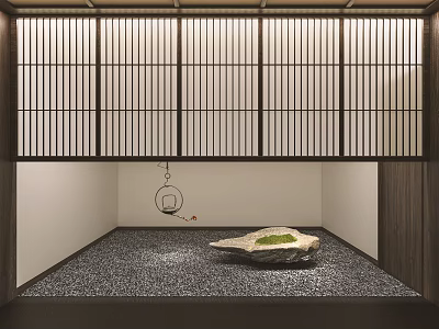 Japanese Style Indoor Miniature Garden Featuring Moss Covered Stone And Wooden Lattice Screen 3d model
