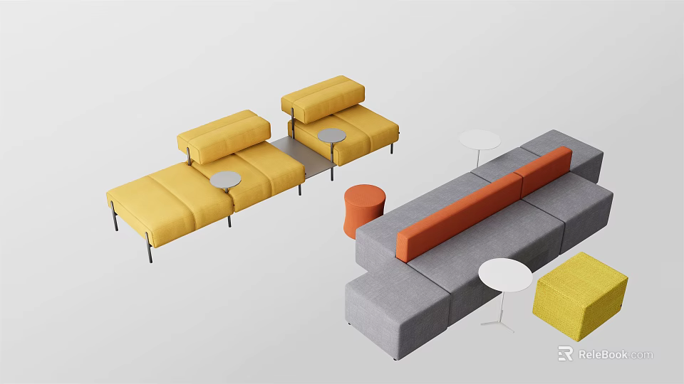 Modern Sofa and Coffee Table Set with Yellow Gray Sofas Orange Stools and White Tables 3d model 