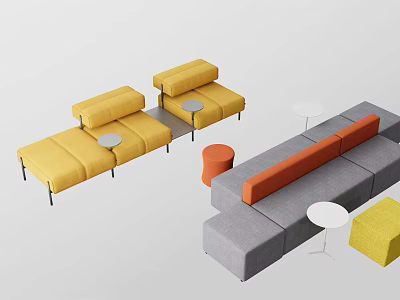 Modern Sofa and Coffee Table Set with Yellow Gray Sofas Orange Stools and White Tables 3d model