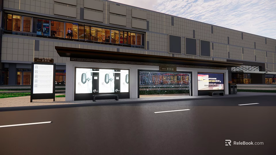 Urban Roadside Facilities With Bus Shelter Electronic Information Displays Seating Benches And Street View 3d model 