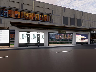 Urban Roadside Facilities With Bus Shelter Electronic Information Displays Seating Benches And Street View 3d model