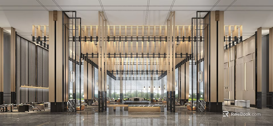 Luxurious Modern Hotel Lobby With High Ceiling Wooden Grilles And Marble Floor 3d model 