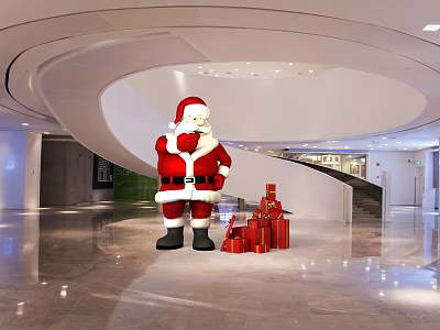 Giant Santa Claus Figure With Red Gift Boxes In Modern Hall Interior With Curved Structure 3d model