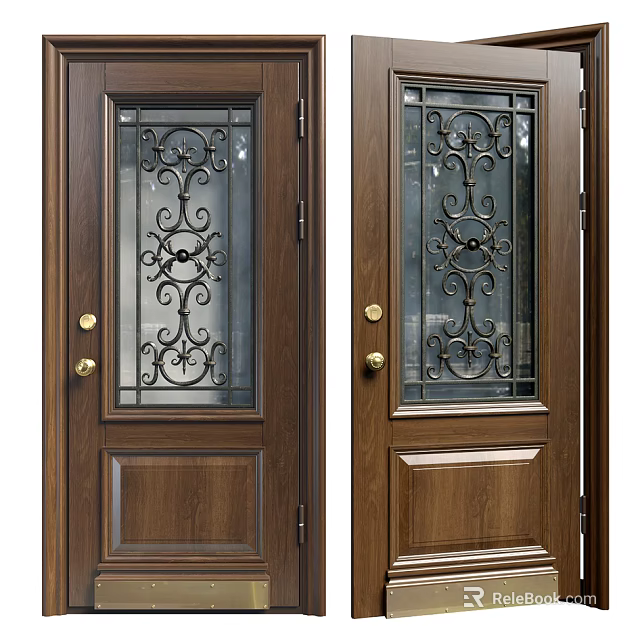 Wooden Swing Door with Wrought Iron Designs Glass Panels and Golden Handles 3d model 
