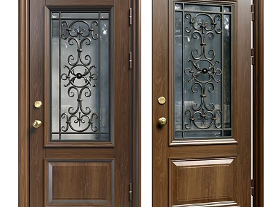 Wooden Swing Door with Wrought Iron Designs Glass Panels and Golden Handles 3d model