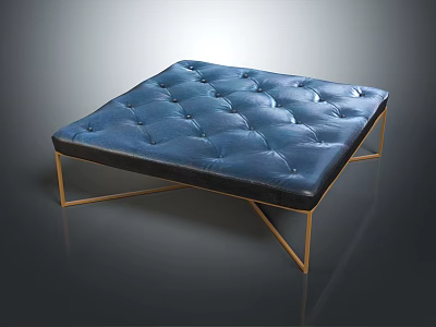 Blue Tufted Square Ottoman With Gold Metal Frame And Leather Upholstery 3d model