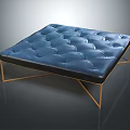 Blue Tufted Square Ottoman With Gold Metal Frame And Leather Upholstery