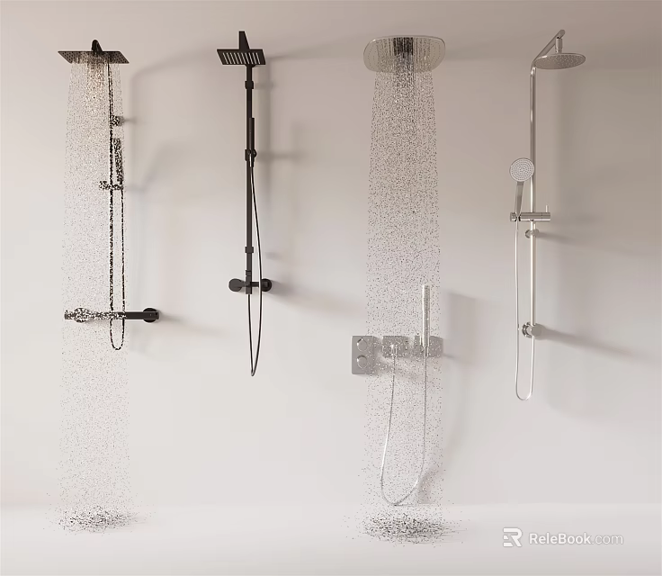 Various Wall Mounted Shower Heads With Different Water Spray Patterns 3d model