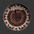 Decorative Household Bowl With Red And Black Floral Patterns Scalloped Edge And Copper Base