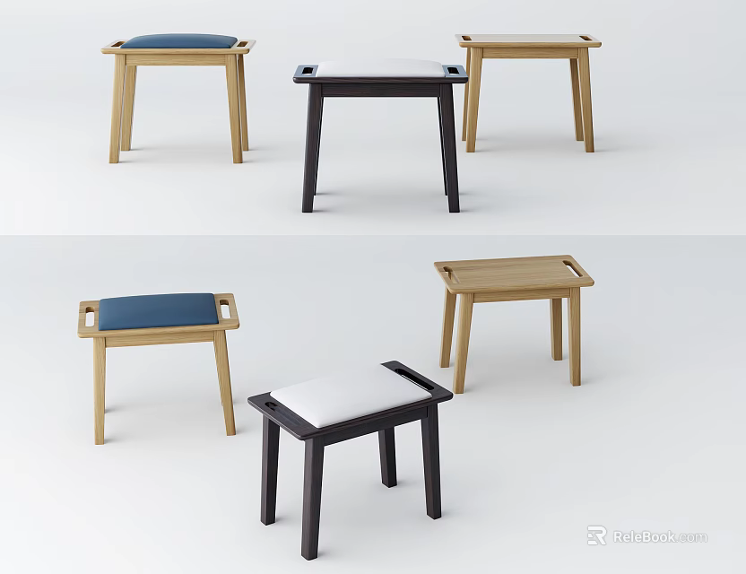 Modern Minimalist Stools With Wooden Frames And Upholstered Seats In Various Colors 3d model 