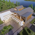 Modern Public Building With White Exterior Wooden Roof Glass Windows Green Lawn And People