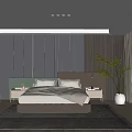 Modern Bedroom Interior With Upholstered Headboard Wooden Striped Wall Nightstands And Area Rug