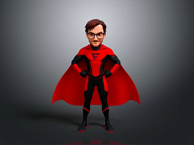 Cartoon Superhero Character In Black Suit With Red Cape Glasses And Chest Symbol 3d model