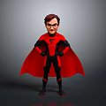 Cartoon Superhero Character In Black Suit With Red Cape Glasses And Chest Symbol