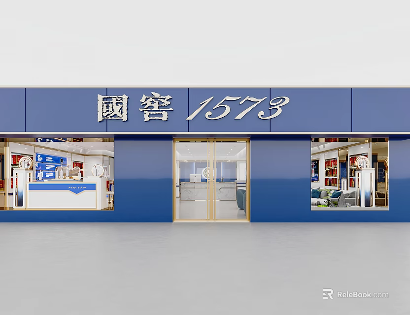 Guojiao 1573 Brand Store Exterior Featuring Blue Facade Glass Door And Window Displays 3d model 