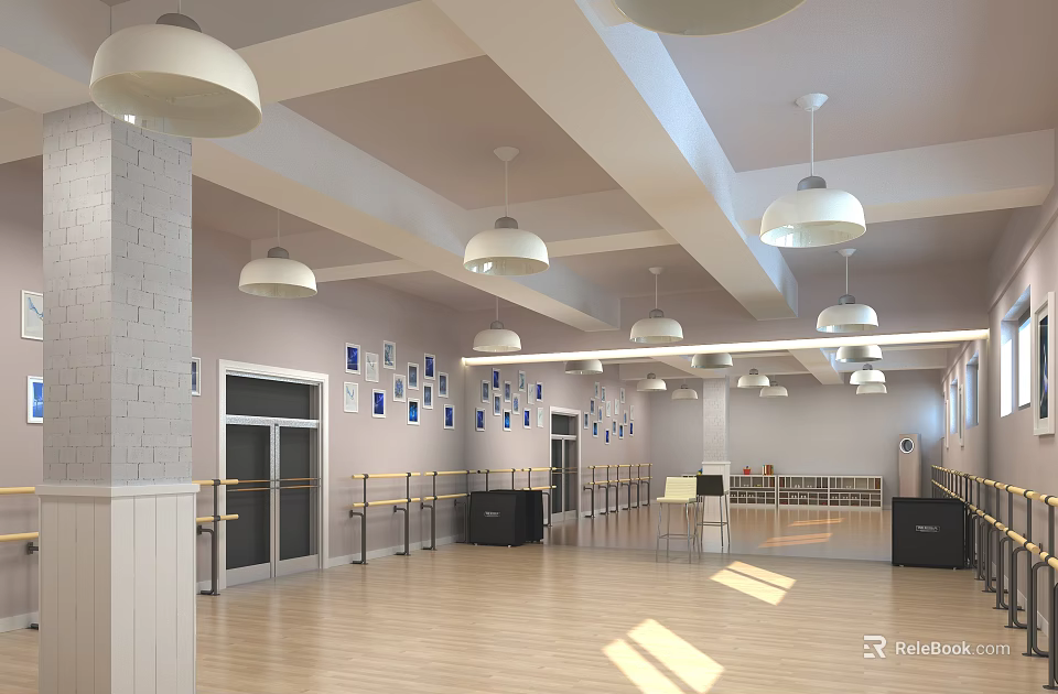 Spacious Dance Studio With Wooden Floor And Ballet Barres 3d model 