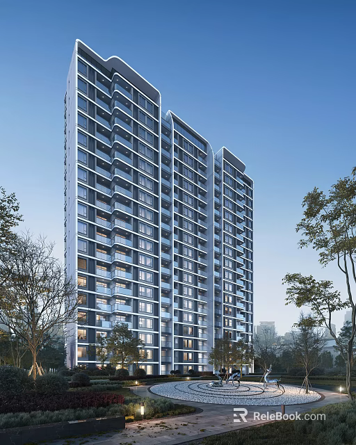 Modern High Rise Apartment Building With Glass Windows Balconies And Surrounding Trees 3d model 