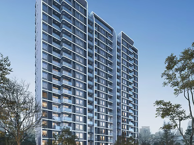 Modern High Rise Apartment Building With Glass Windows Balconies And Surrounding Trees 3d model