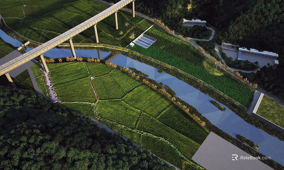 Scenic Garden Landscape With Green Agricultural Fields Winding River Bridge And Lush Vegetation 3d model 
