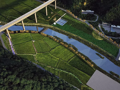 Scenic Garden Landscape With Green Agricultural Fields Winding River Bridge And Lush Vegetation 3d model