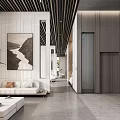 Modern Front Desk Reception Interior Design With Wooden Counter Sofa And Wall Art