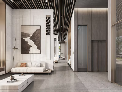 Modern Front Desk Reception Interior Design With Wooden Counter Sofa And Wall Art 3d model