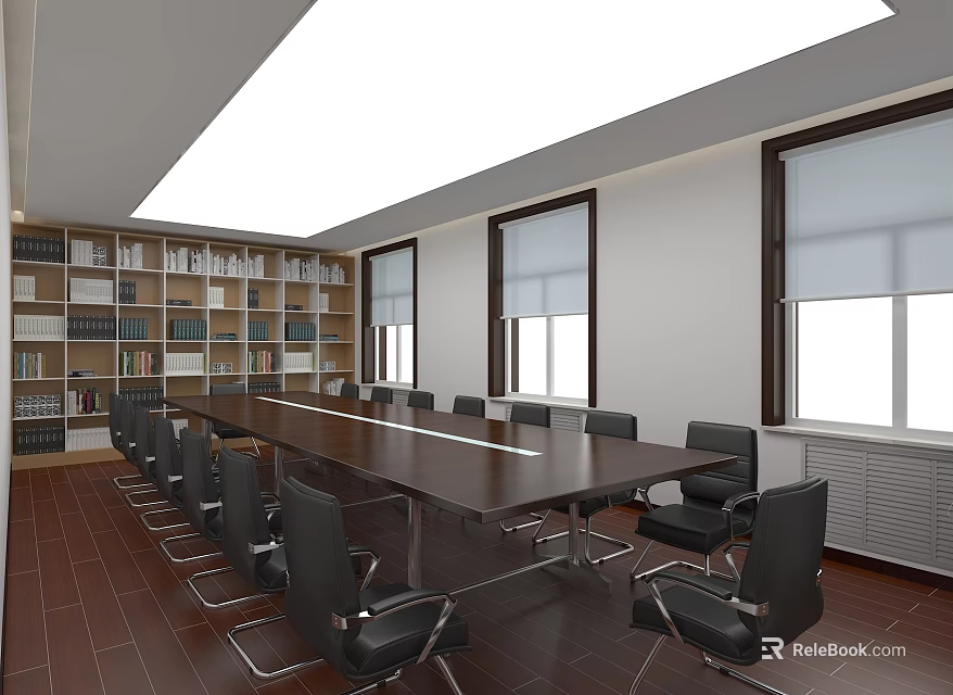 Conference Room Interior With Long Wooden Table Black Chairs Bookshelves And Windows 3d model 