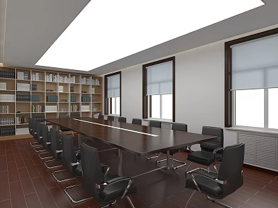 Conference Room Interior With Long Wooden Table Black Chairs Bookshelves And Windows 3d model