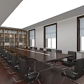Conference Room Interior With Long Wooden Table Black Chairs Bookshelves And Windows