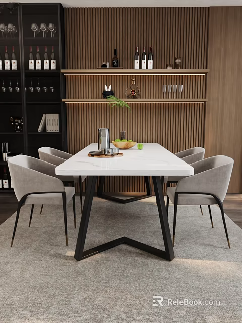 Stylish Dining Table Set with White Tabletop Black Legs Grey Chairs and Wooden Wall Decor 3d model 