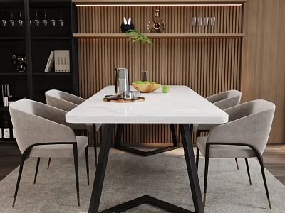 Stylish Dining Table Set with White Tabletop Black Legs Grey Chairs and Wooden Wall Decor 3d model