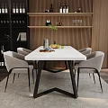 Stylish Dining Table Set with White Tabletop Black Legs Grey Chairs and Wooden Wall Decor