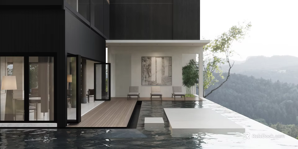 Modern Detached Villa With Swimming Pool Wooden Deck Outdoor Seating Artwork Green Plants Mountain View 3d model 
