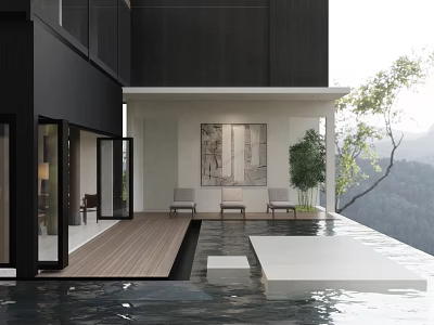 Modern Detached Villa With Swimming Pool Wooden Deck Outdoor Seating Artwork Green Plants Mountain View 3d model