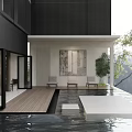 Modern Detached Villa With Swimming Pool Wooden Deck Outdoor Seating Artwork Green Plants Mountain View