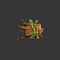 Artistic Wooden And Stone Sculpture With Twisted Green Vines And Orange Accents