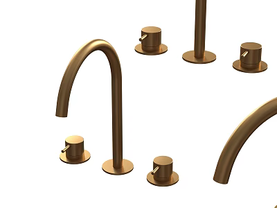 Sleek Modern Brushed Brass Faucet With Curved Spout Handles And Round Bases 3d model