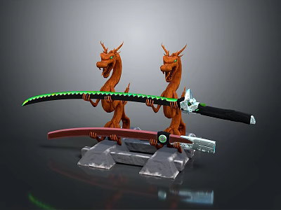 Fantasy Weapon Swords With Dragon Sculpted Handles And Glowing Green Red Blades On Stone Pedestals 3d model