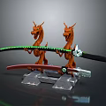 Fantasy Weapon Swords With Dragon Sculpted Handles And Glowing Green Red Blades On Stone Pedestals